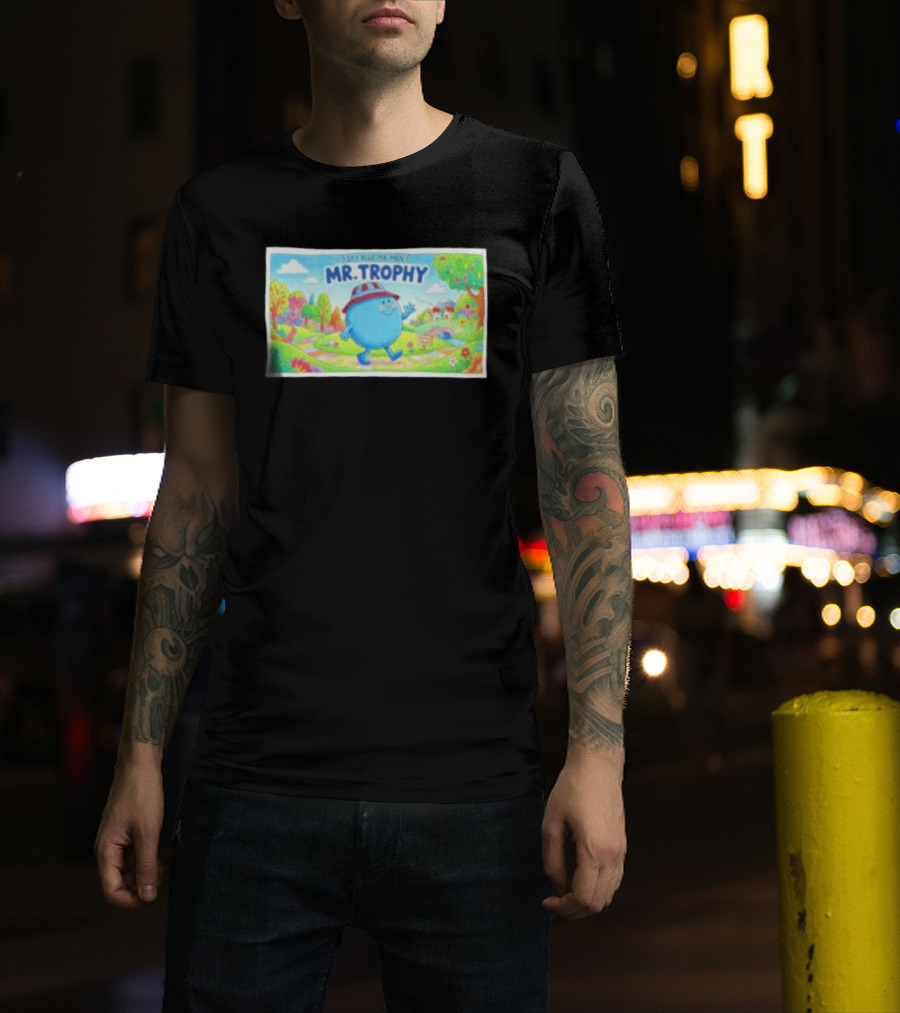 Sky Blue Mr. Men Mr. Trophy Character In Colorful Landscape Scene T-Shirt