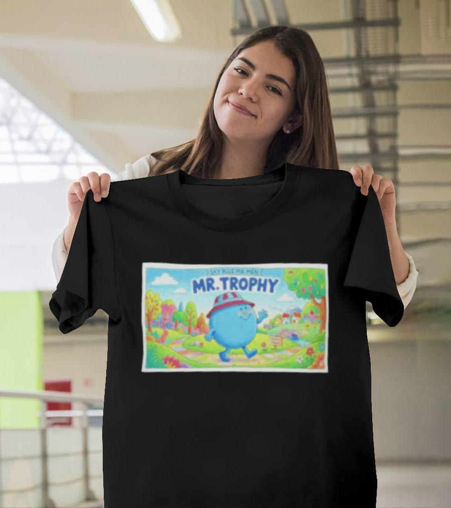 Sky Blue Mr. Men Mr. Trophy Character In Colorful Landscape Scene T-Shirt