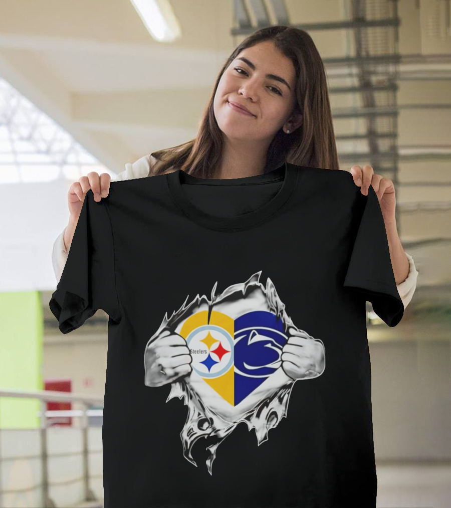 Steelers Penn State Heart Fan Logo Torn Fabric T-Shirt