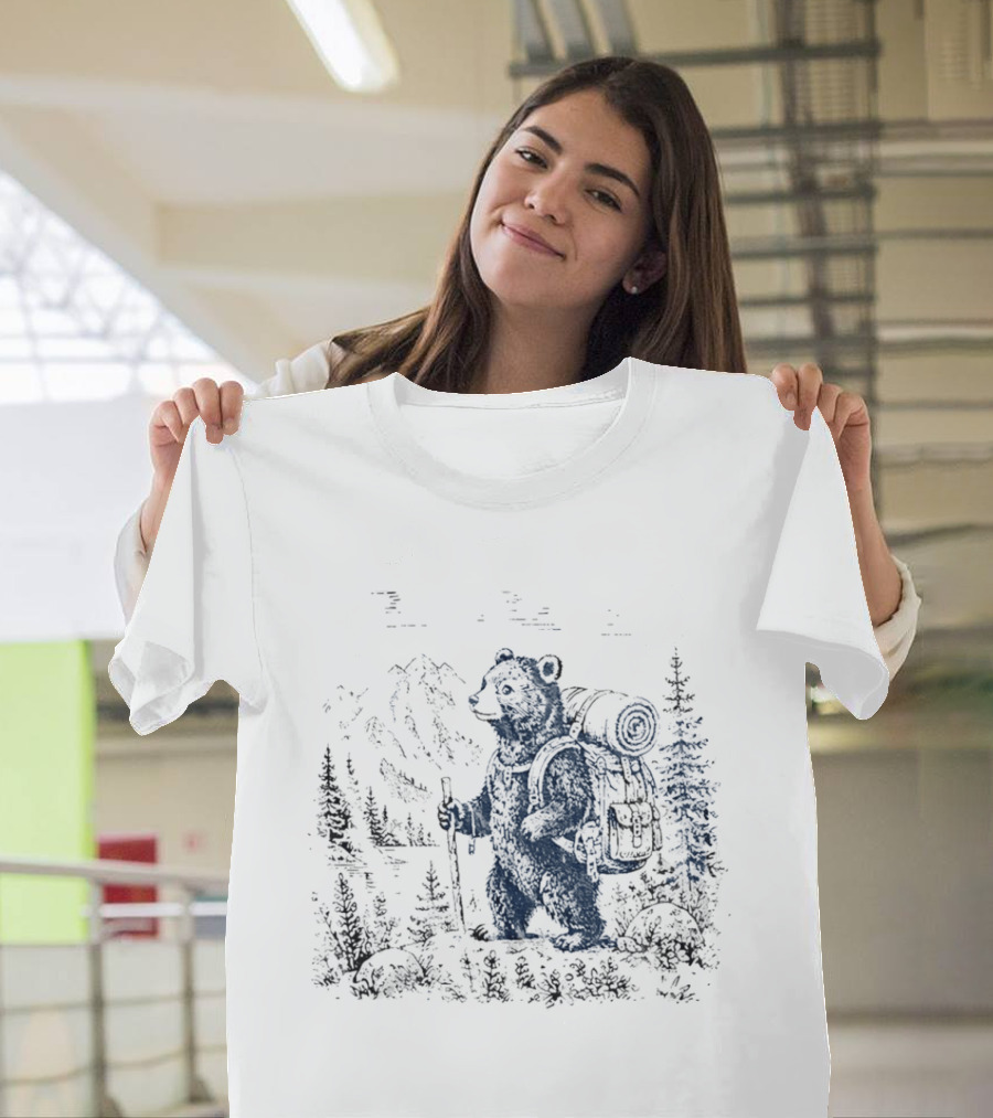 Hiking Bear Trekking Adventure With Backpack And Walking Stick Mountain Forest Scene T-Shirt