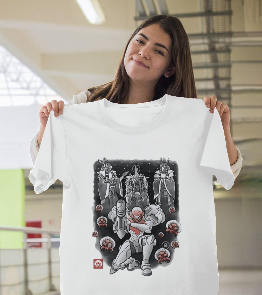 Samus Aran Metroid Sumi E Style Battle Pose With Chozo And Metroids T-Shirt