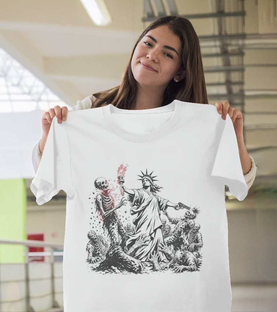 Statue Of Liberty Battling Zombies With Torch And Pistol T-Shirt