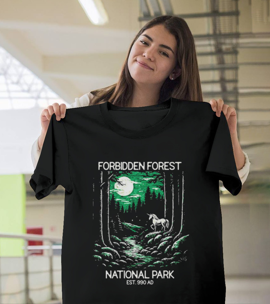 Forbidden Forest National Park Est 990 AD Moonlit Unicorn Scene T-Shirt
