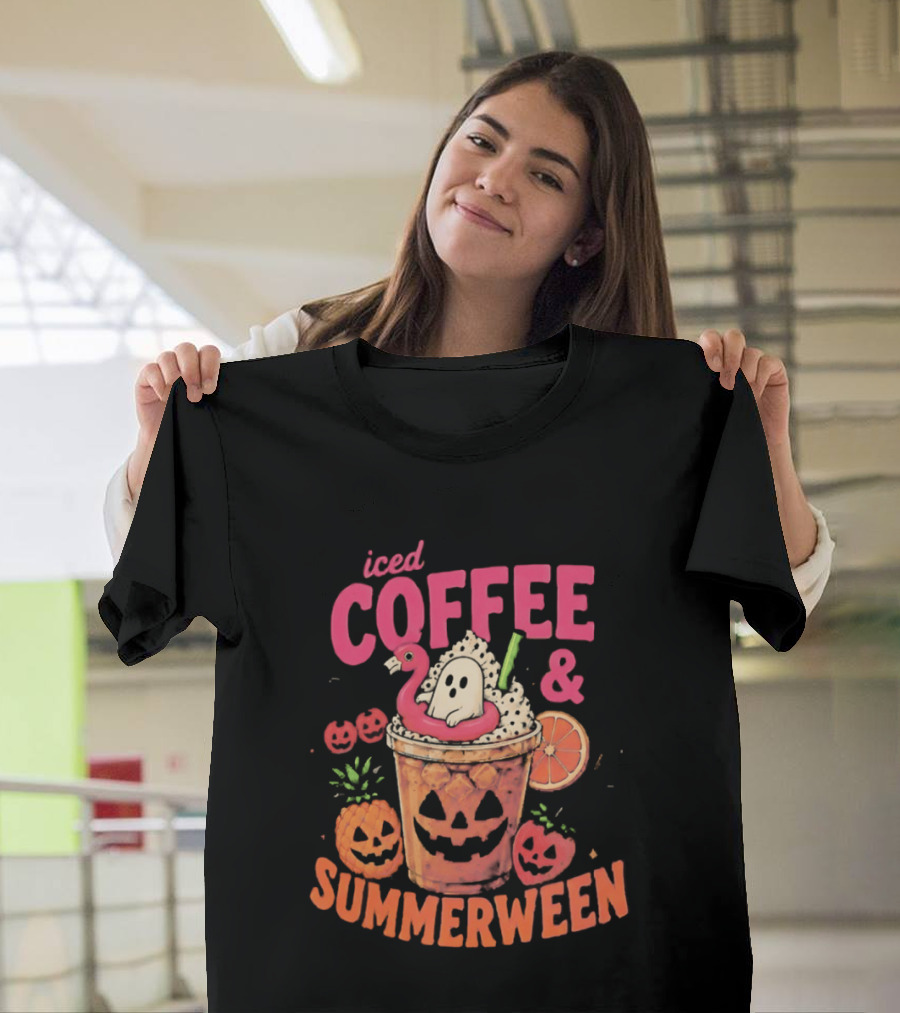 Iced Coffee And Summerween Spooky Tropical Fruit Halloween Jack O' Lantern Drink T-Shirt
