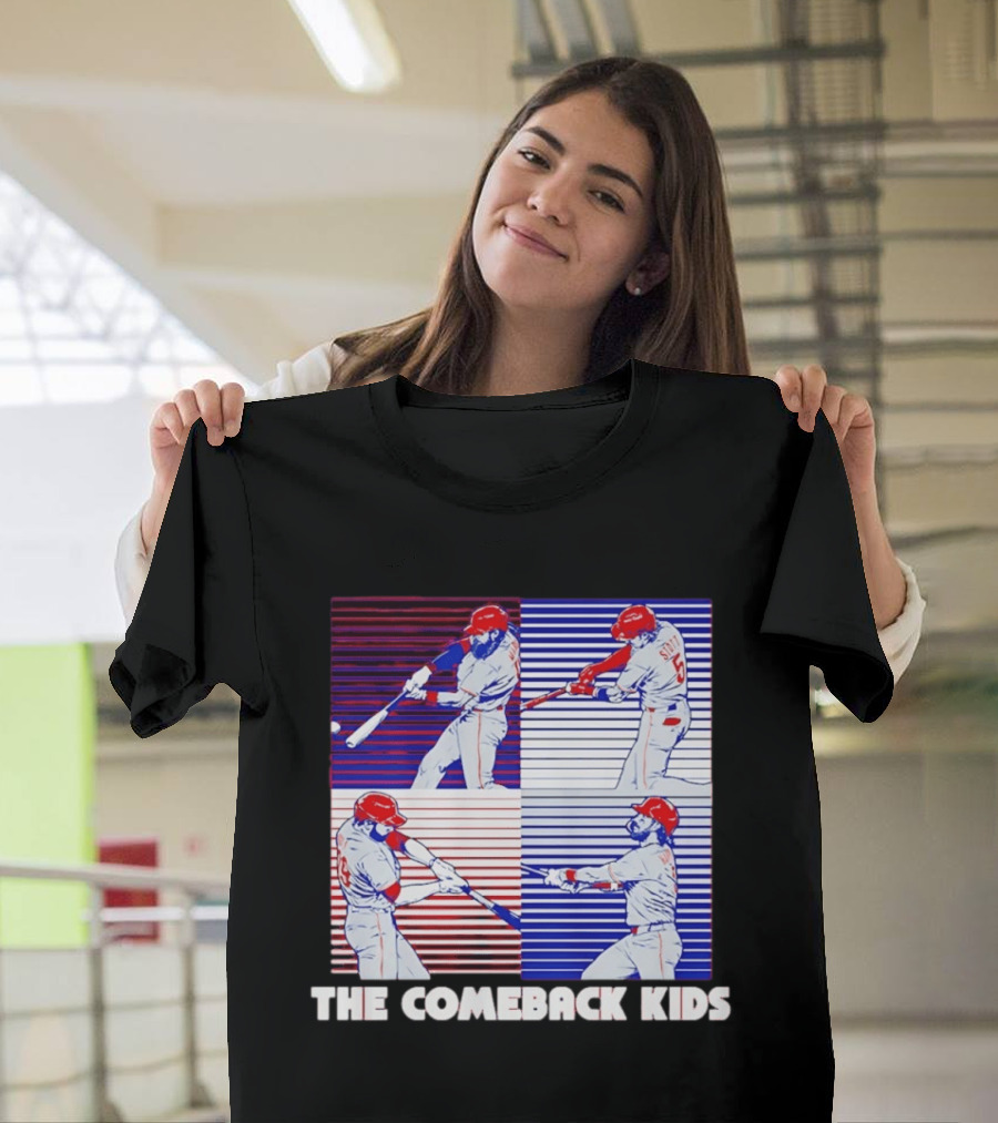 Philadelphia Phillies The Comeback Kids Striped Baseball Swinging Players T-Shirt