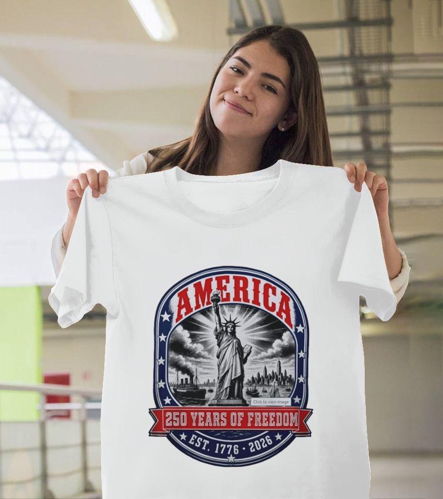 America 250 Years Of Freedom Est 1776 2026 Statue Of Liberty Skyline Steamship Stars T-Shirt