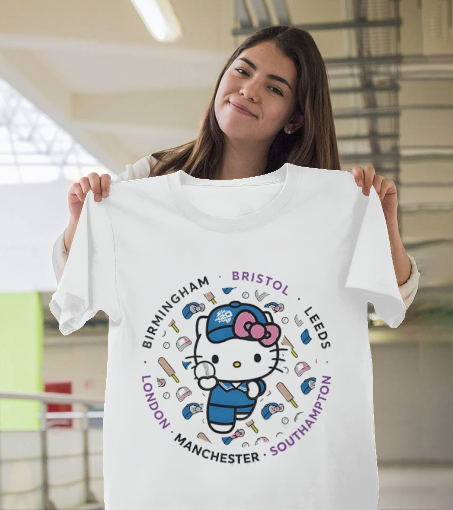 Hello Kitty Cricket Birmingham Bristol Leeds Southampton Manchester London T-Shirt