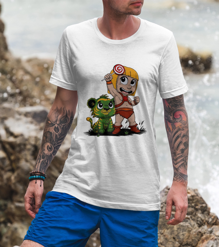 Jungle Kid Holding Lollipop With Playful Tiger Cub T-Shirt