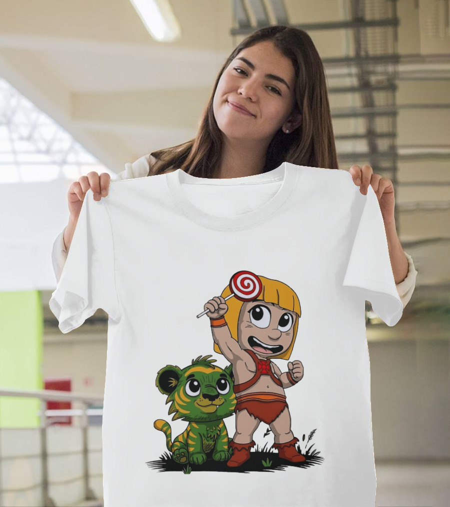 Jungle Kid Holding Lollipop With Playful Tiger Cub T-Shirt