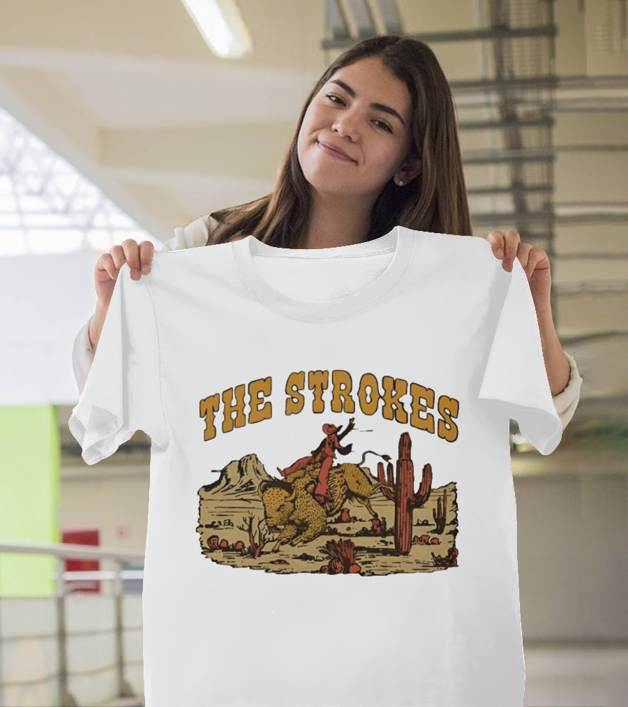 The Strokes Cowboy Riding Cheetah Desert Scene Classic Western T-Shirt