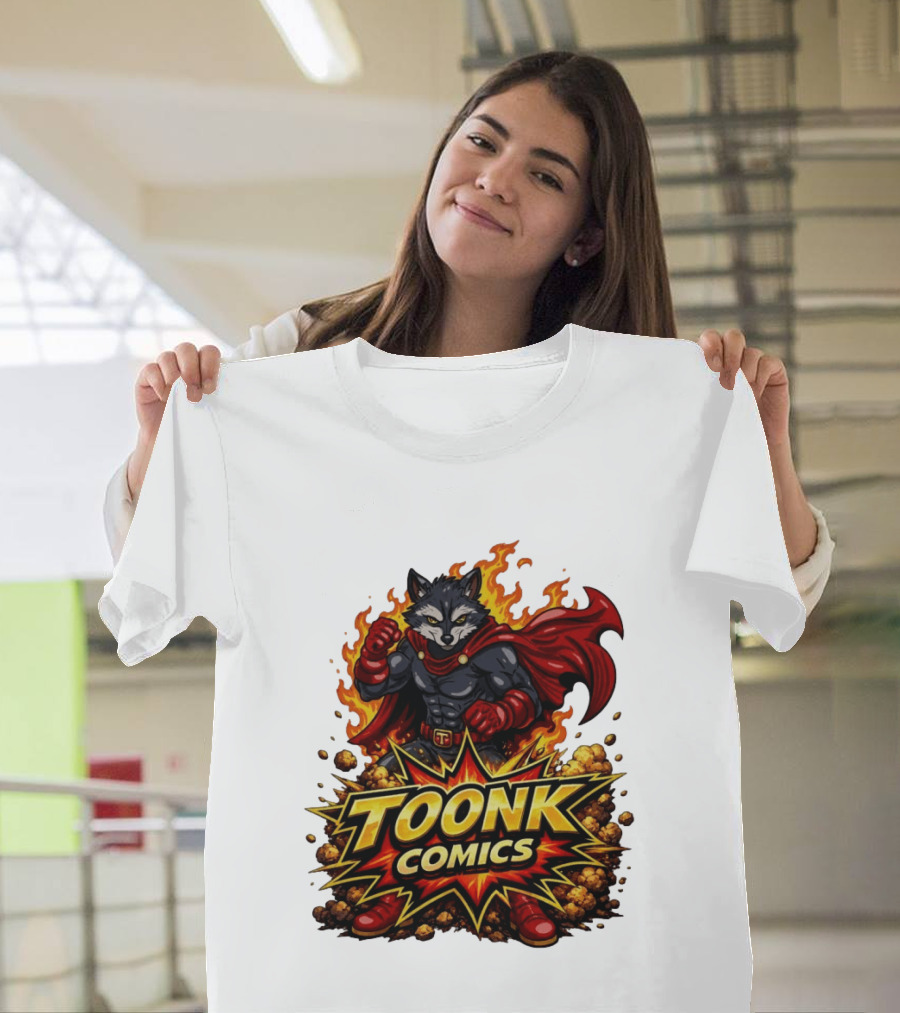 Toonk Comics Superhero Raccoon With Fiery Cape T-Shirt