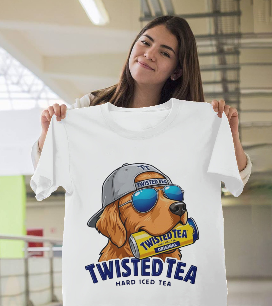 Twisted Tea Hard Iced Tea Golden Retriever With Can And Sunglasses T-Shirt