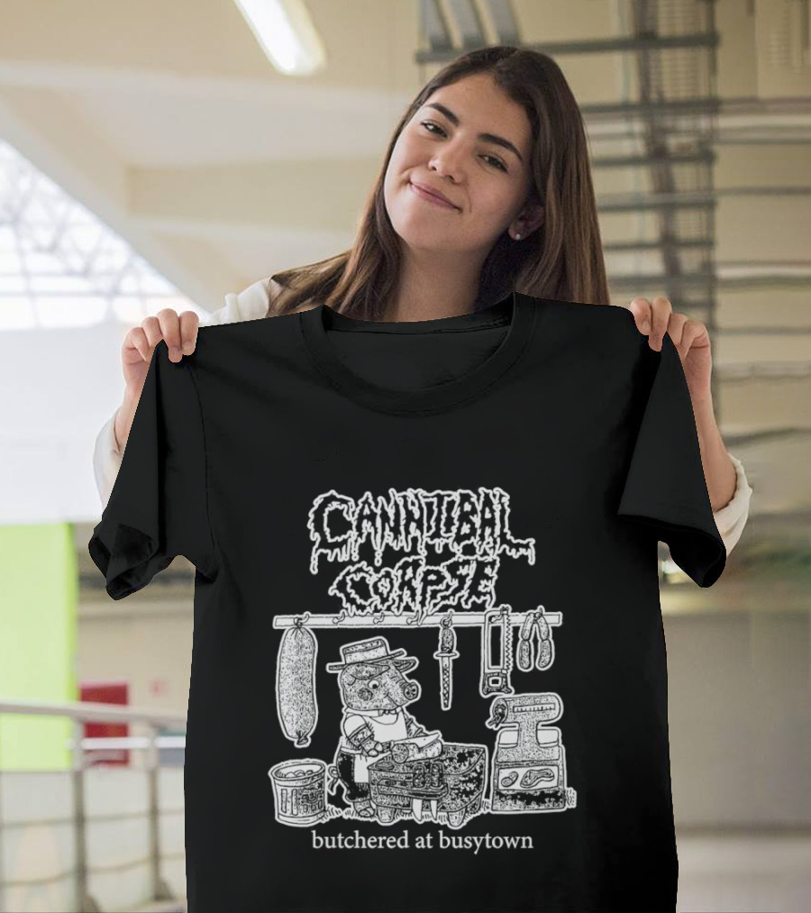 Cannibal Corpse Butchered At Busytown Graphic With Cartoon Butcher Scene T-Shirt