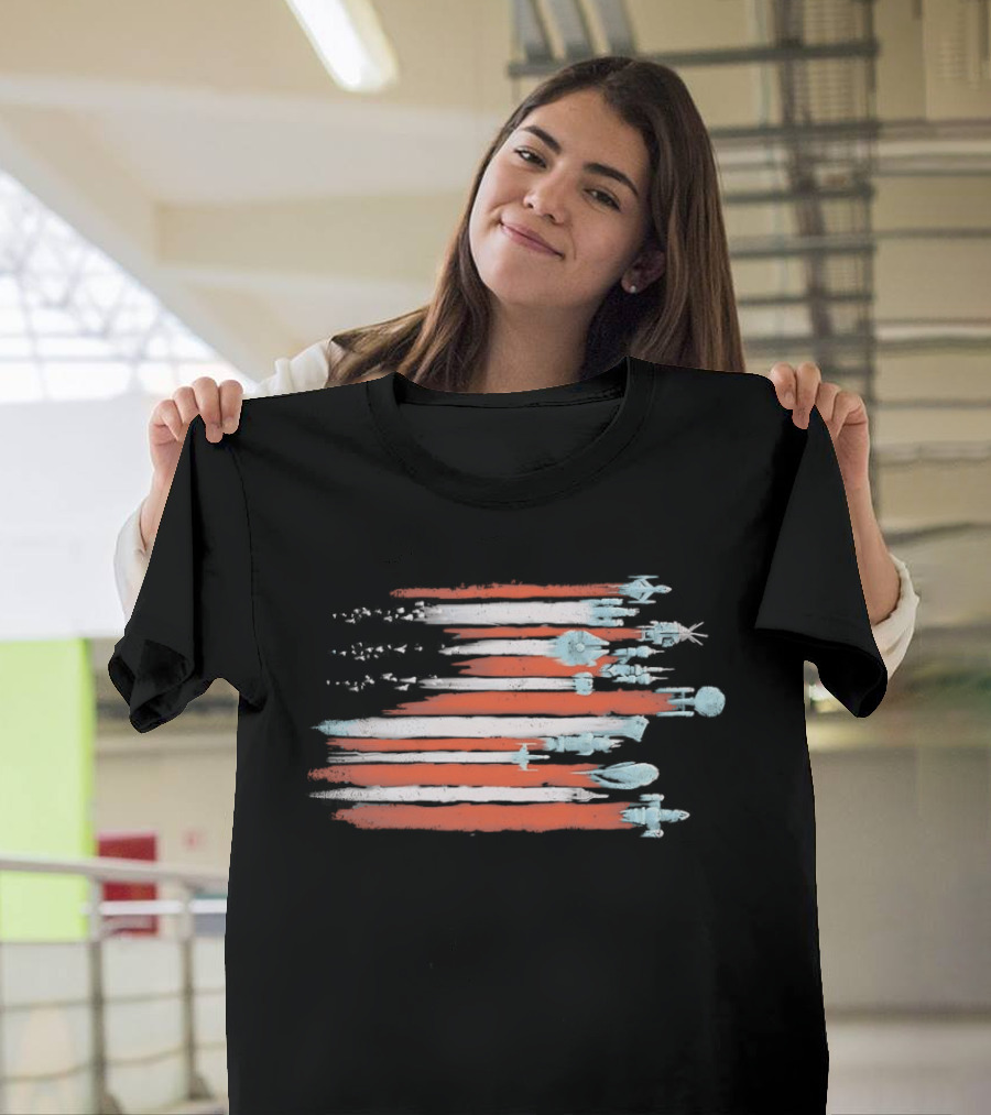 American Flag With Spacecraft Sci Fi T-Shirt