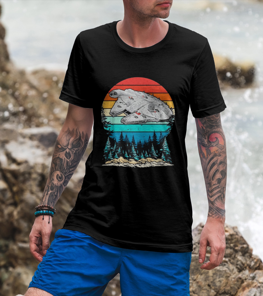 Millennium Falcon Endor Sunset Forest Scene T-Shirt
