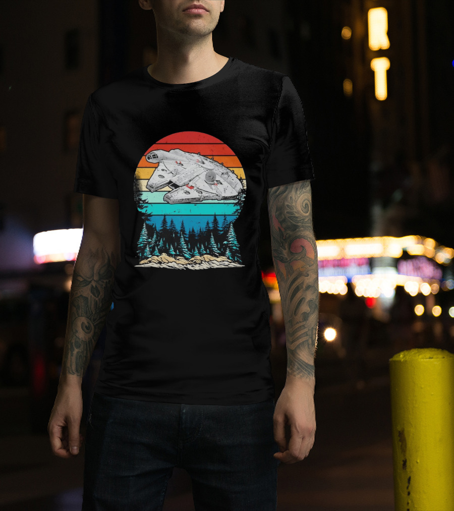 Millennium Falcon Endor Sunset Forest Scene T-Shirt