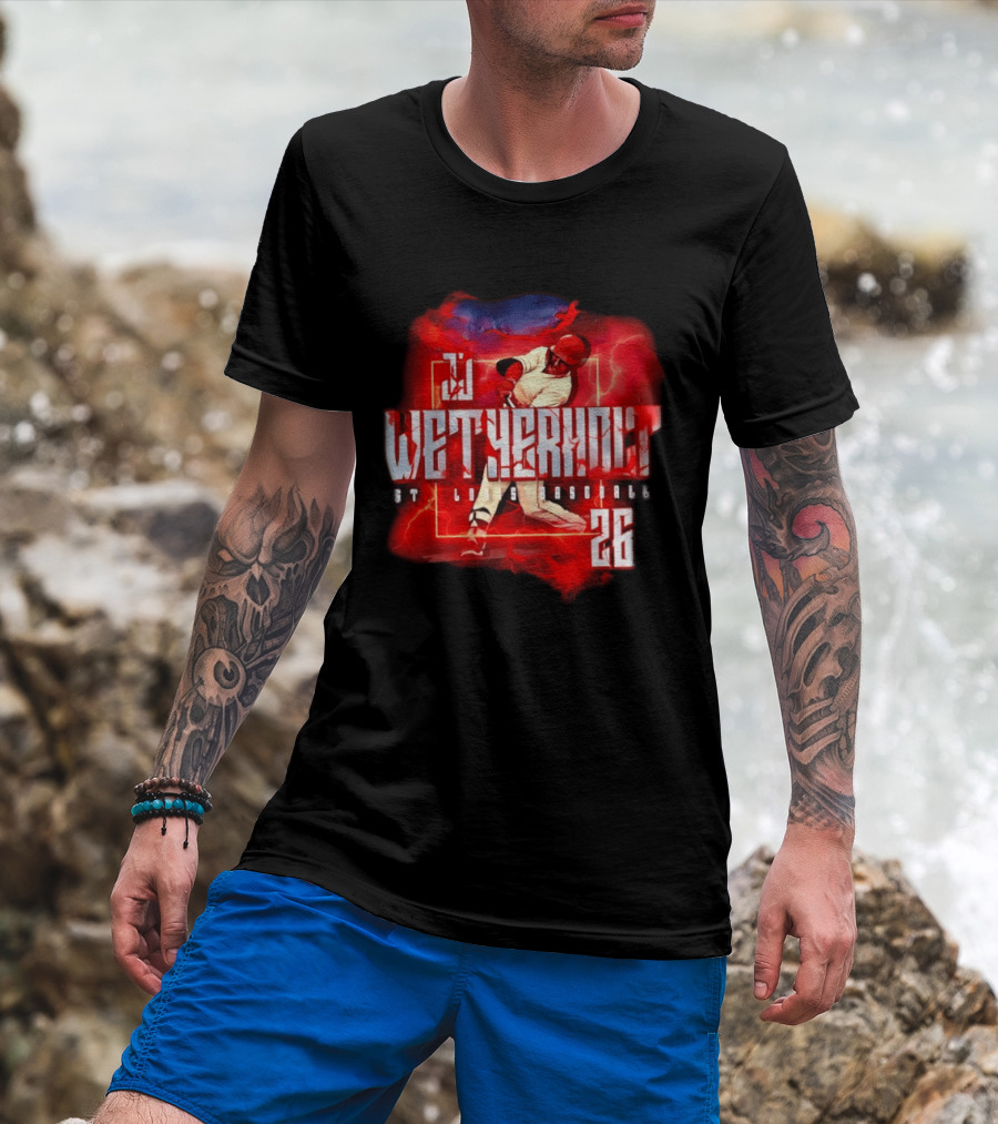 JJ Wetherholt 26 St. Louis Baseball Slugger Swing Lightning T-Shirt