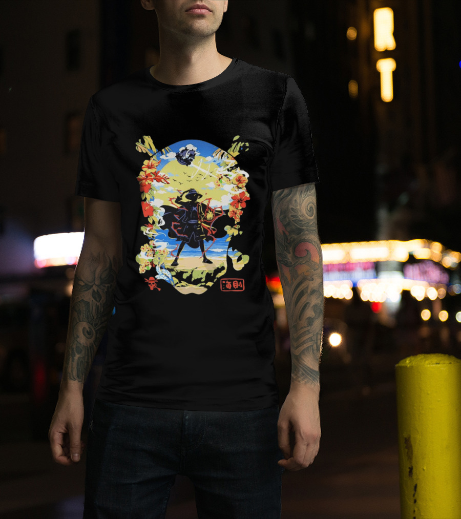 Monkey D Luffy One Piece Hat Pirate Beach Scene Floral Surrounding T-Shirt