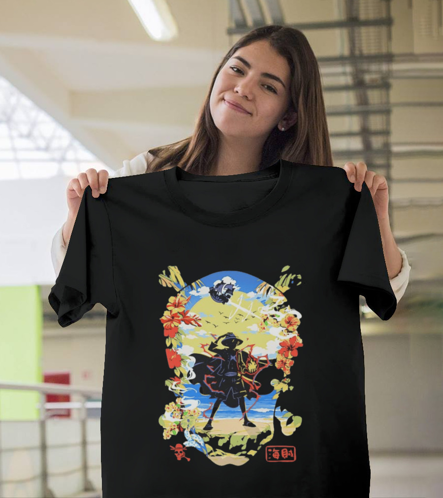 Monkey D Luffy One Piece Hat Pirate Beach Scene Floral Surrounding T-Shirt