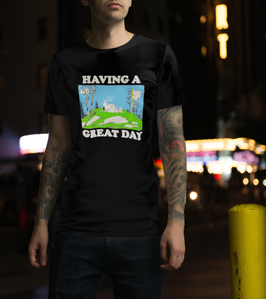 Snoopy Having A Great Day Relaxing On The Green Hill With Blue Sky And Clouds T-Shirt