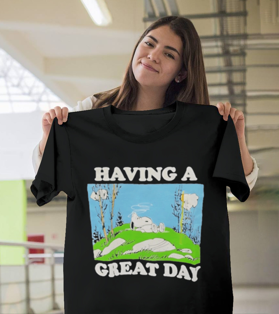 Snoopy Having A Great Day Relaxing On The Green Hill With Blue Sky And Clouds T-Shirt