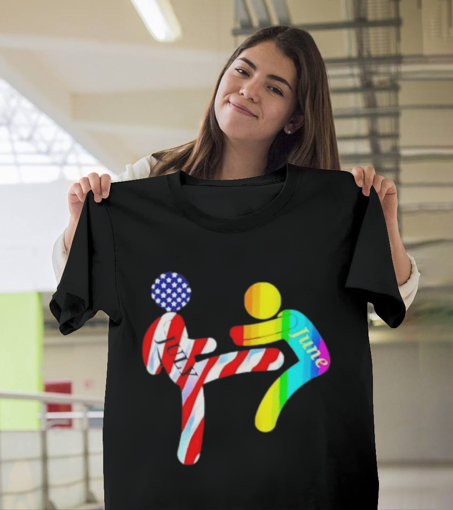 July Independence Kick With June Pride Month Rainbow Flag USA Stars And Stripes T-Shirt