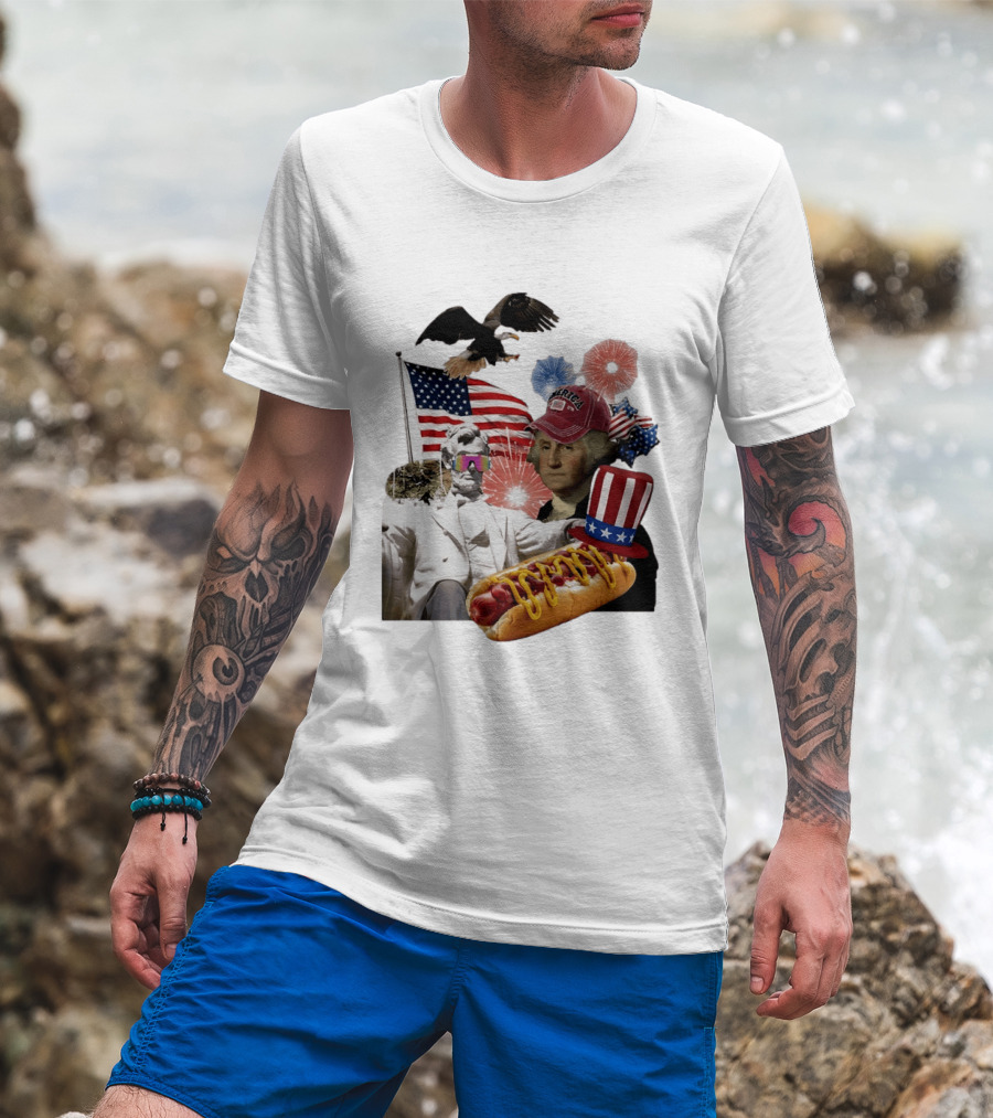 Merica Abraham Lincoln George Washington Hot Dog Eagle Fireworks Patriotic Celebration T-Shirt