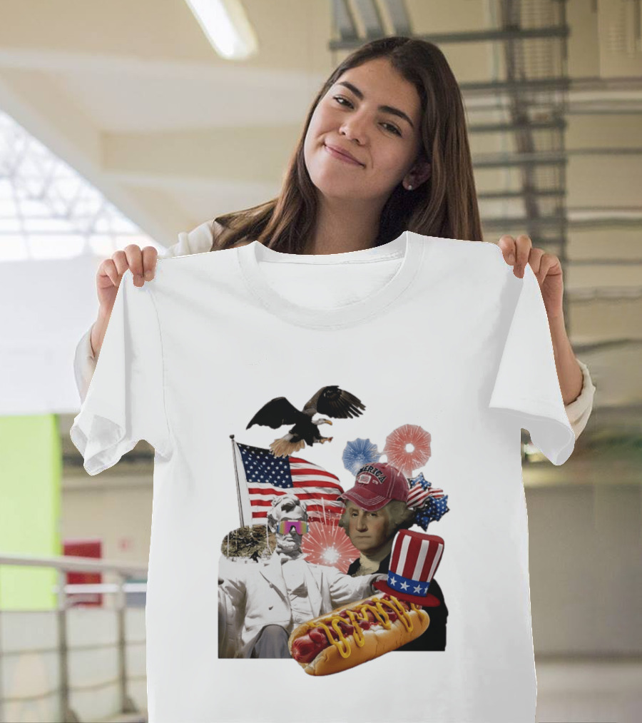 Merica Abraham Lincoln George Washington Hot Dog Eagle Fireworks Patriotic Celebration T-Shirt