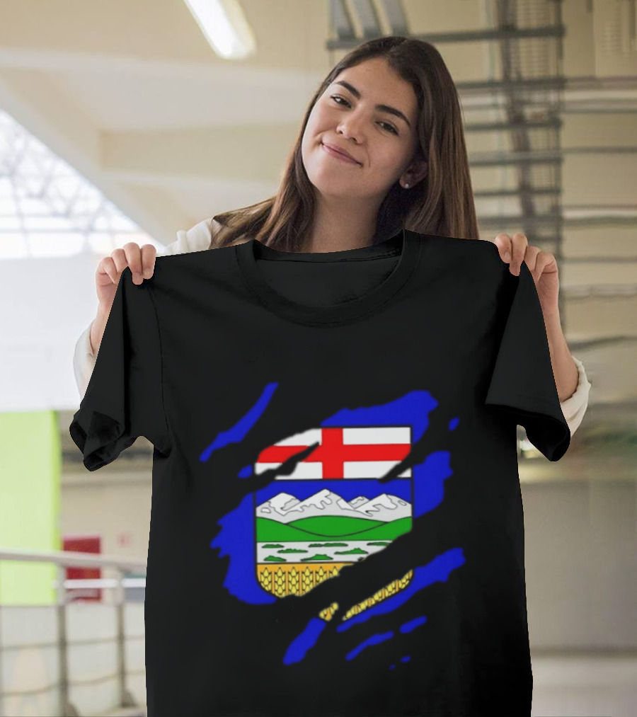 Alberta Coat Of Arms Ripped Effect Canada Flag Emblem Heritage Display T-Shirt