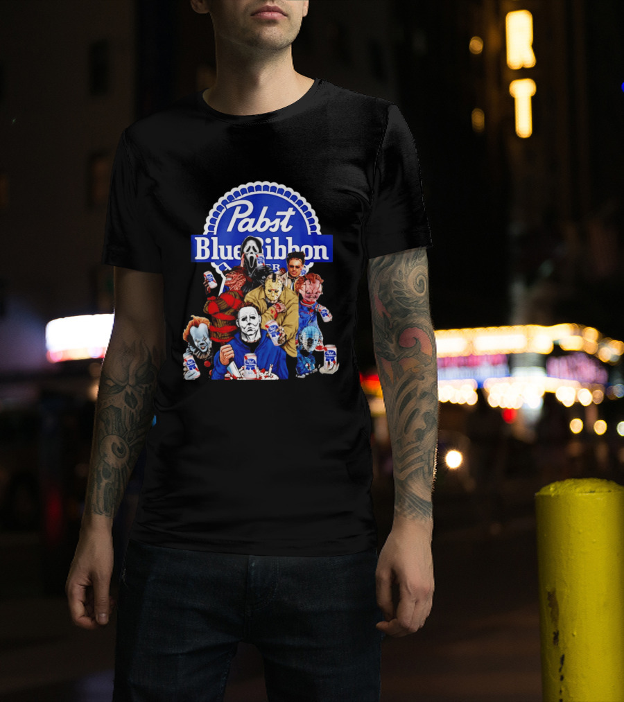 Pabst Blue Ribbon Horror Movie Characters Drinking Beer T-Shirt