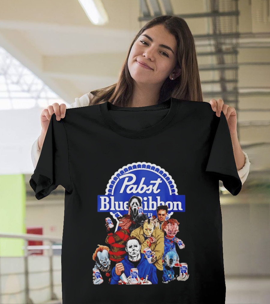 Pabst Blue Ribbon Horror Movie Characters Drinking Beer T-Shirt