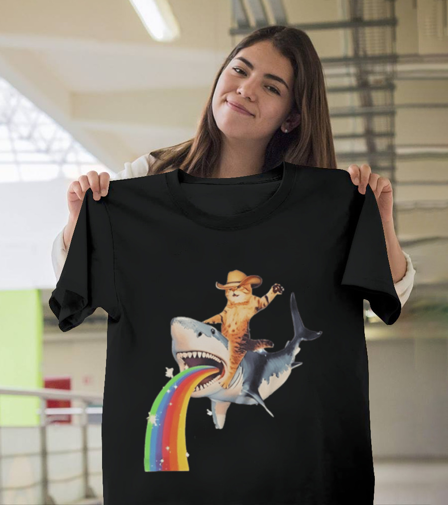 Cowboy Cat Riding Shark With Rainbow T-Shirt