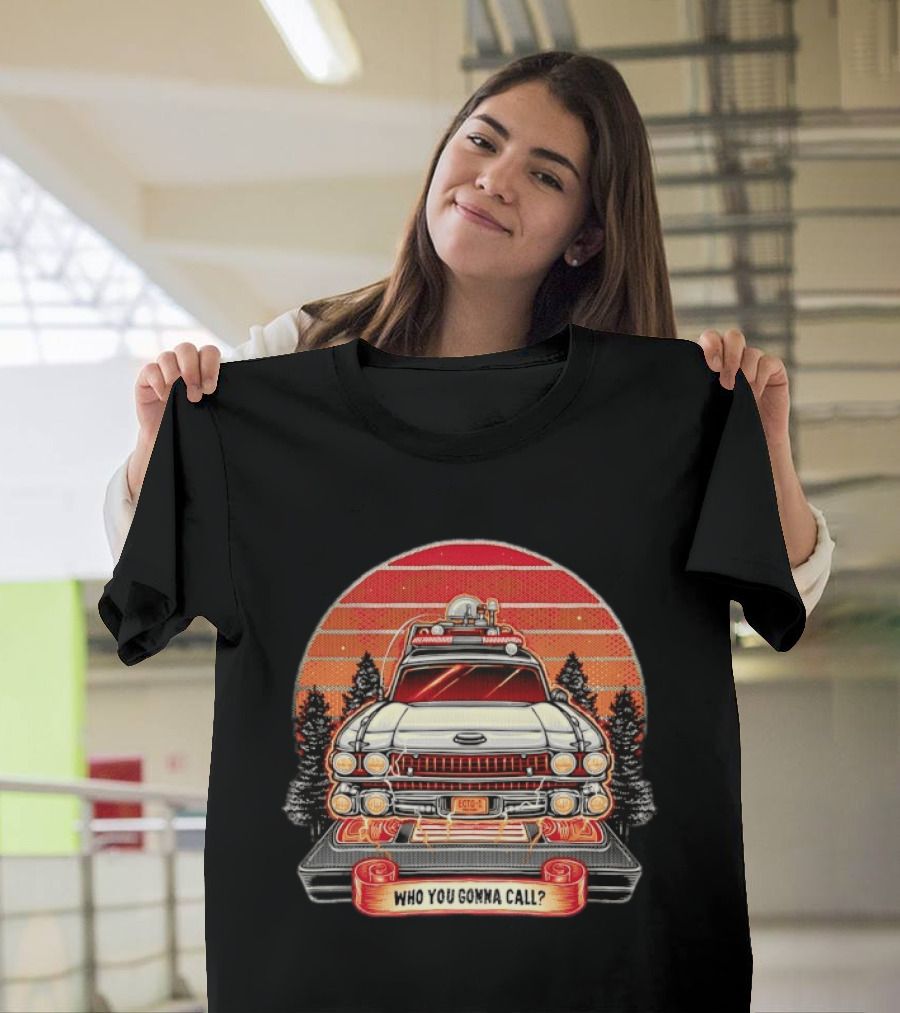 Ecto 1 Who You Gonna Call Ghostbusters Retro Sunset T-Shirt