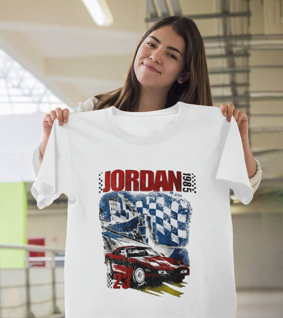 Jordan 23 Racing Brooklyn 1985 Checkered Red Sports Car Blue Flag T-Shirt