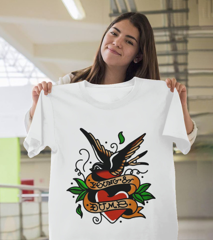Young And Dumb Swallow Heart Tattoo Vintage Style With Banner And Leaves T-Shirt