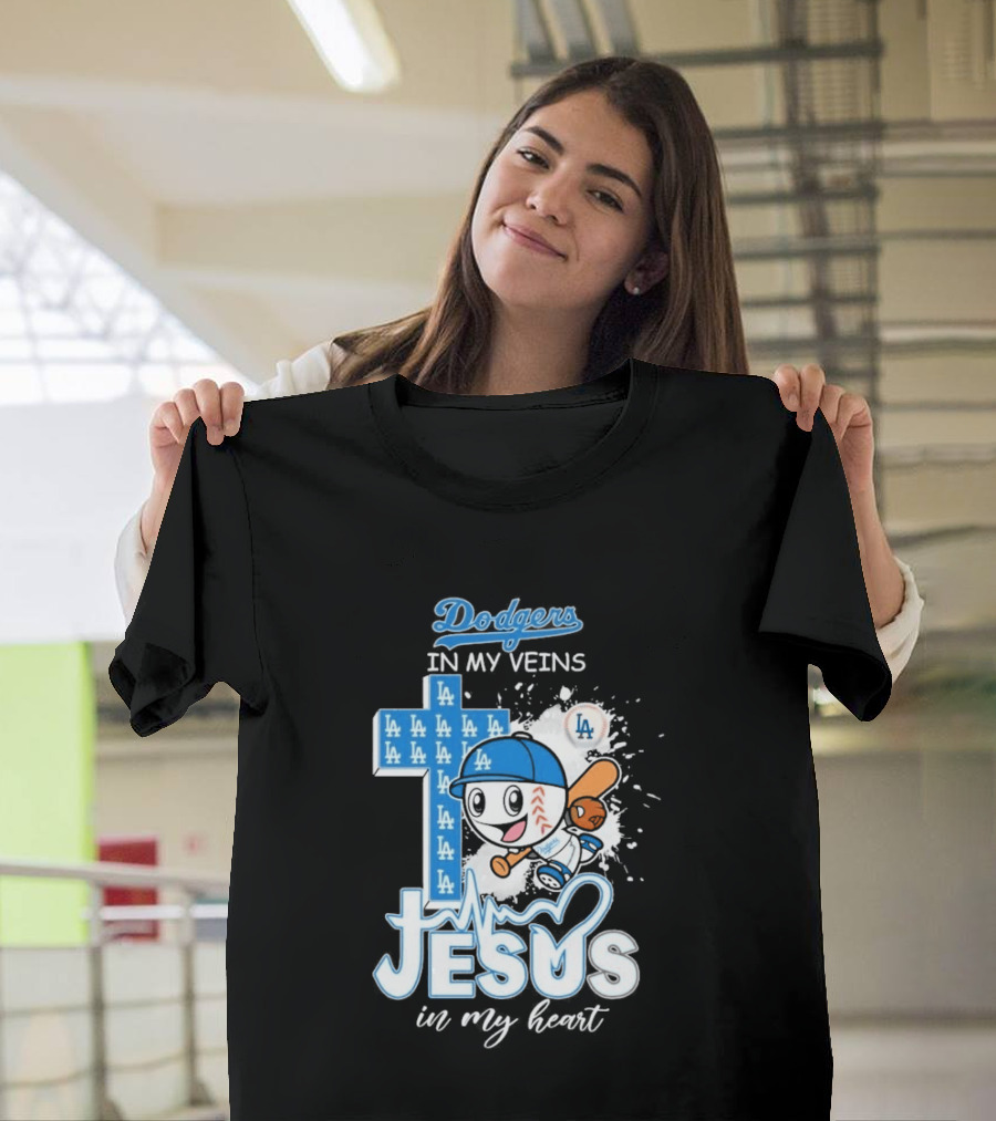 Los Angeles Dodgers In My Veins Jesus In My Heart LA Baseball Cross T-Shirt