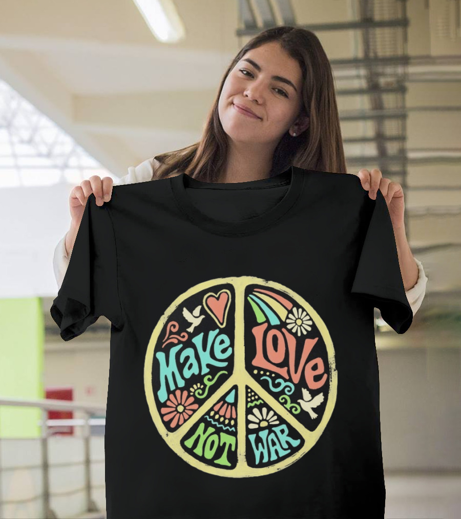 Make Love Not War Peace Sign Floral Rainbow Dove T-Shirt