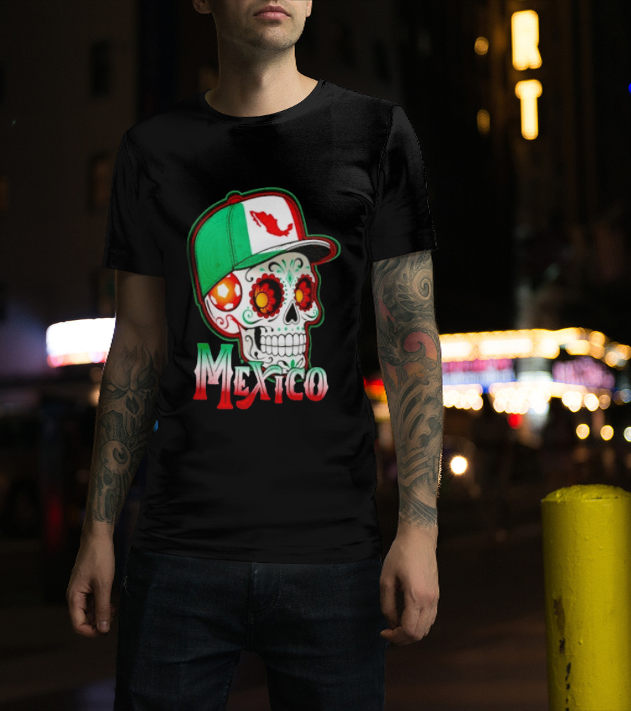 Mexico Sugar Skull Hat Map T-Shirt