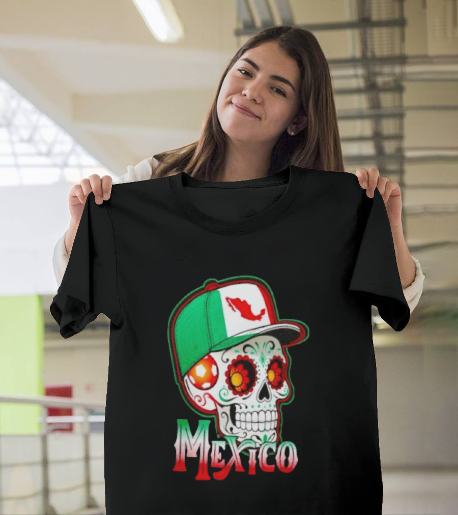 Mexico Sugar Skull Hat Map T-Shirt