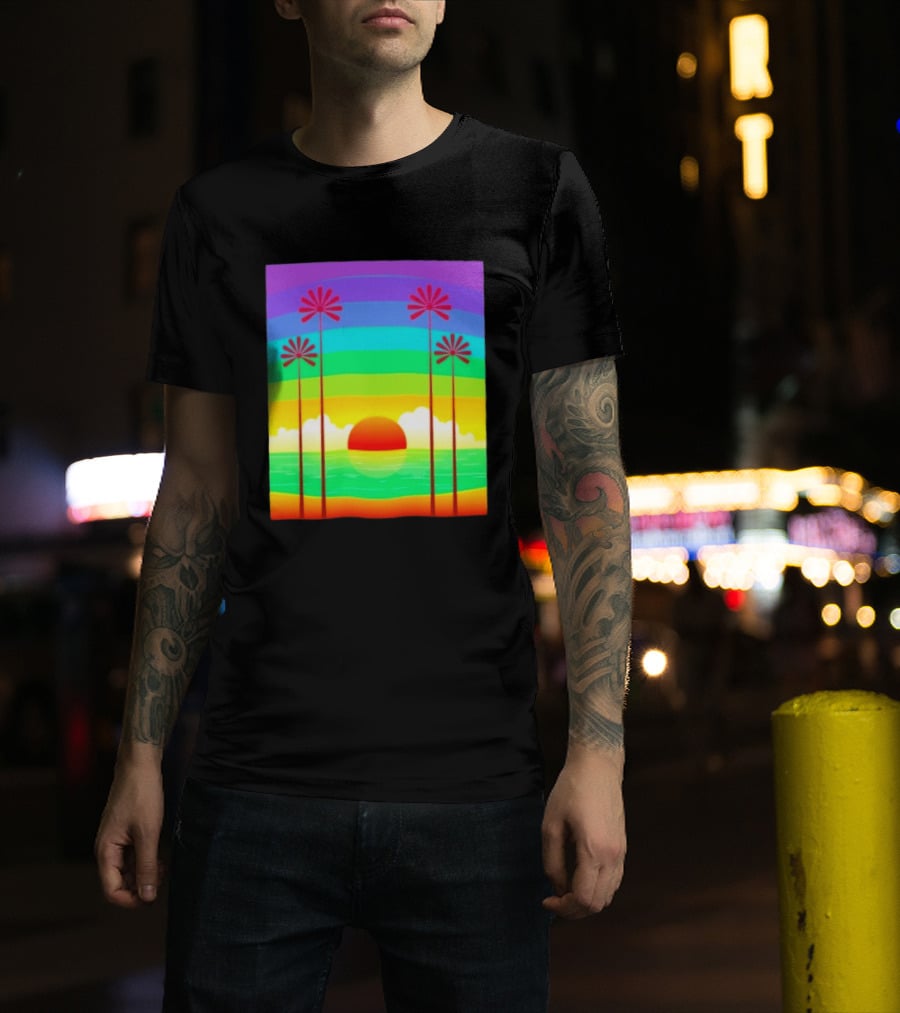 Sunset With Palm Trees And Rainbow Summer Scene T-Shirt