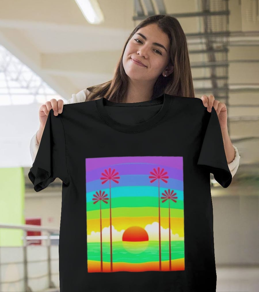 Sunset With Palm Trees And Rainbow Summer Scene T-Shirt