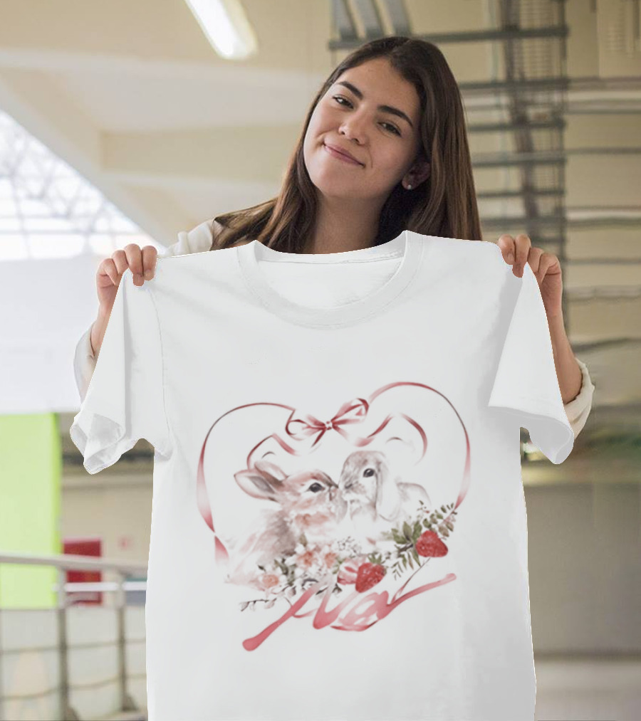 Kissing Rabbits Heart Ribbon Wings Strawberries Cute Love T-Shirt