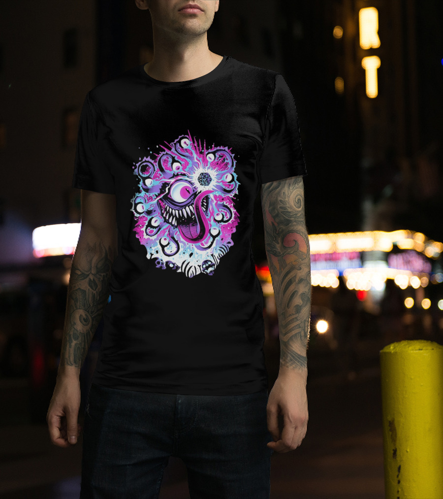 Beholder Dungeons And Dragons Eye Tyrant Illustration With D20 Dice And Psychedelic T-Shirt