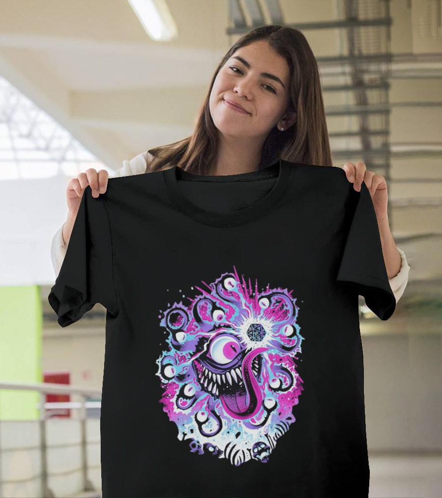 Beholder Dungeons And Dragons Eye Tyrant Illustration With D20 Dice And Psychedelic T-Shirt