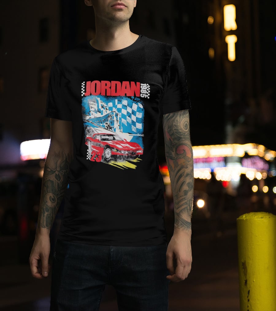 Jordan 1985 23 Chevrolet Corvette C4 Race Car Checkered Flag Racing T-Shirt
