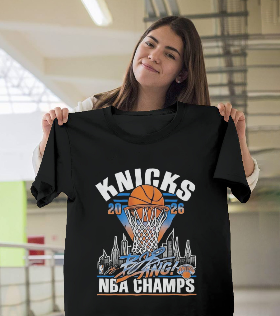 Knicks 2026 NBA Champs Bang NYC Skyline Basketball Net Victory T-Shirt