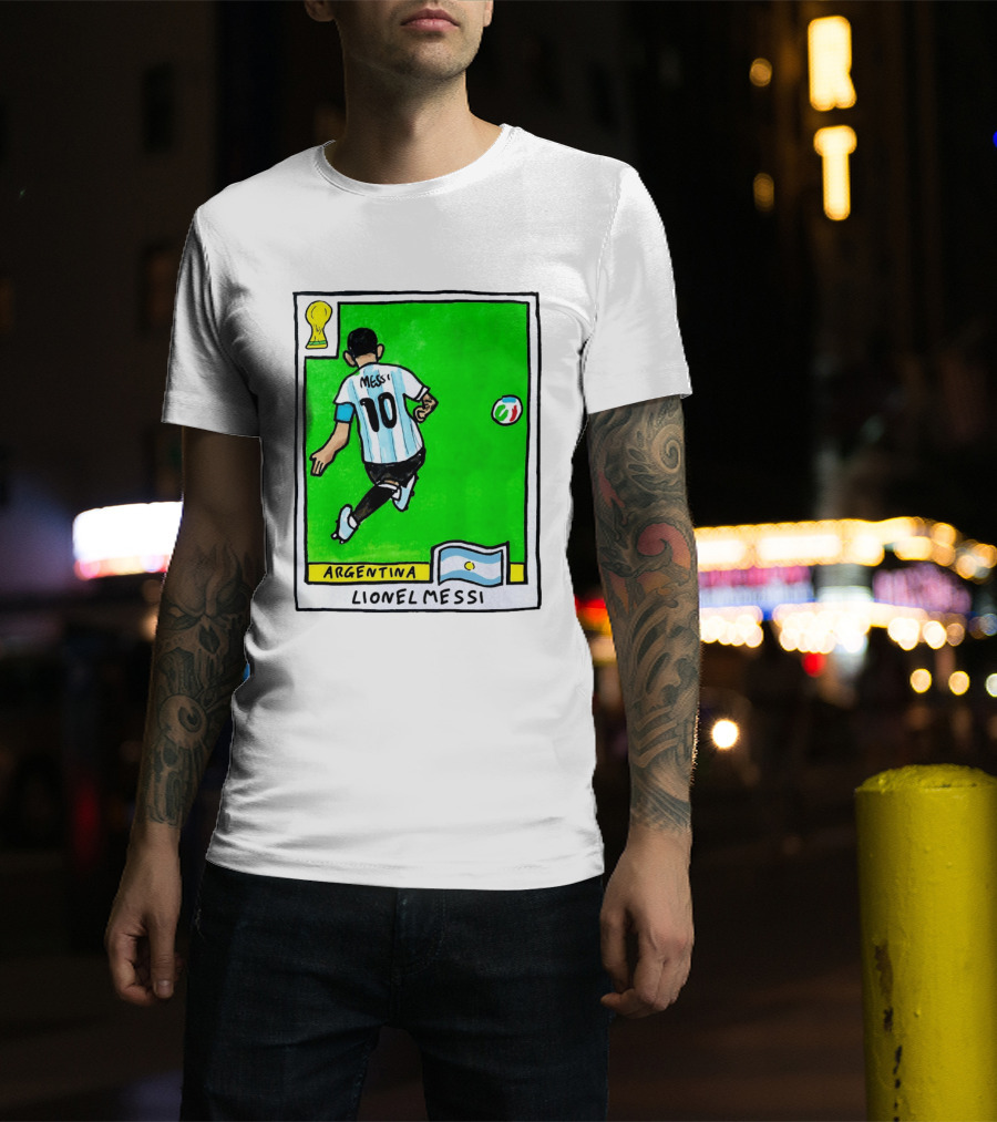 Lionel Messi Argentina Number 10 Football Card With World Cup And National Flag T-Shirt