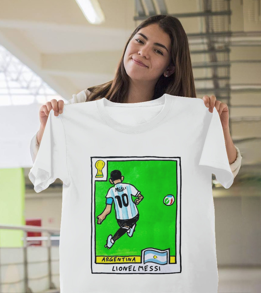 Lionel Messi Argentina Number 10 Football Card With World Cup And National Flag T-Shirt
