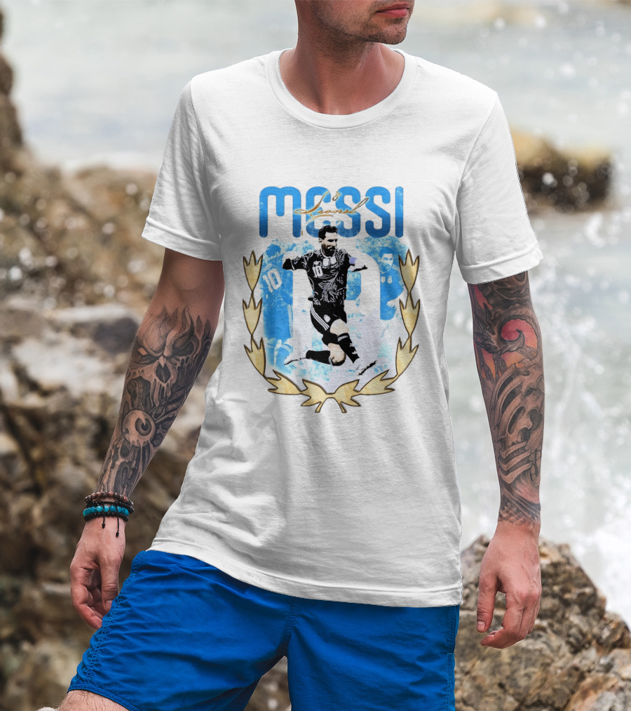 Messi 10 Sliding Celebration With Gold Laurel Wreath T-Shirt