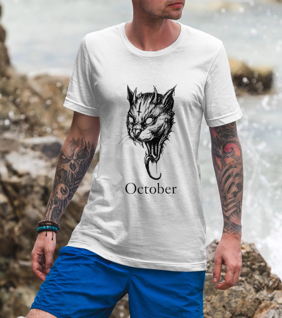 October Demon Cat Gothic Occult Halloween Cat T-Shirt